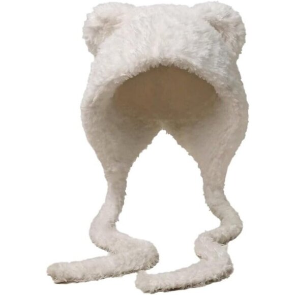 Women White Winter Beanie Hats Knit Ear Flaps Cute Stuffed Bear Ears Fleece